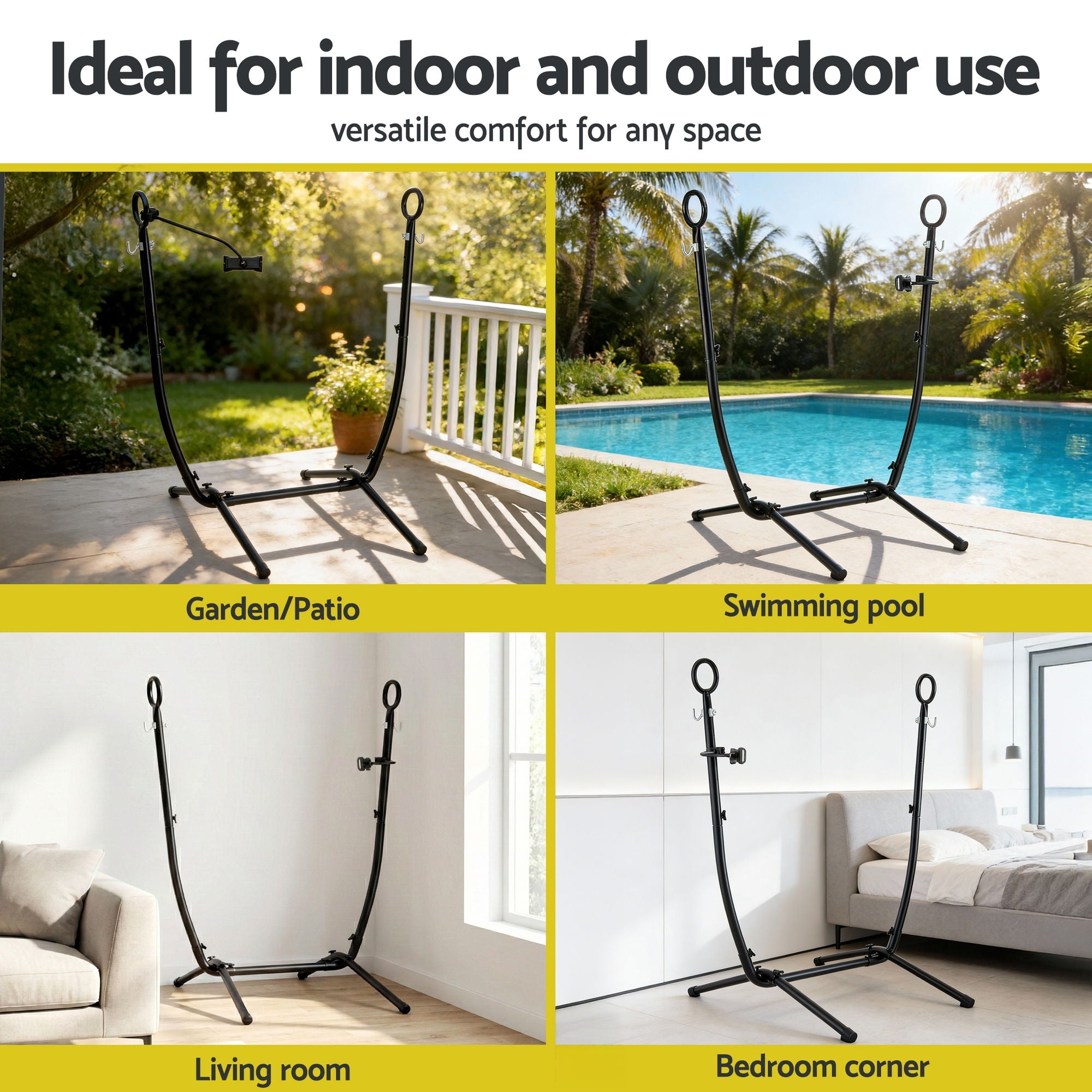 Gardeon Hammock Chair Stand Iron Frame w/ Phone Holder Black