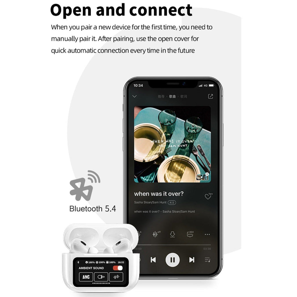 Smart ANC Earphone Touch Control Interactive LCD Screen Bluetooth 5.4 Headphones Wireless Earbuds With Active Noise Cancellation Waterproof Headsets
