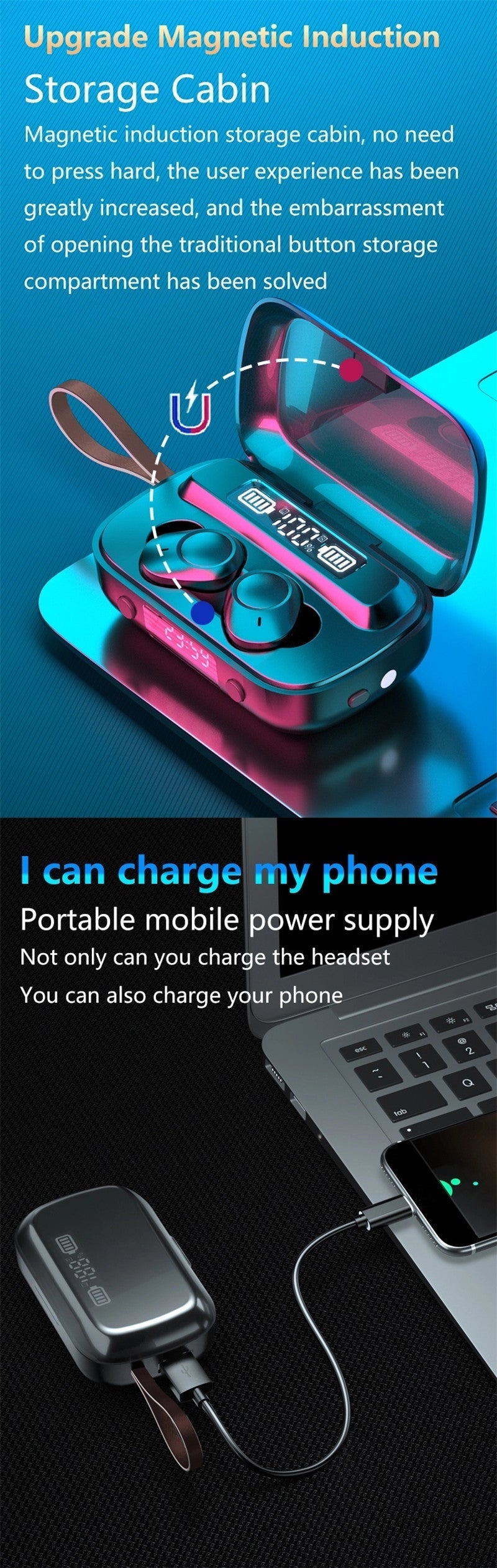 LED Stereo Touch Control Bluetooth Wireless Waterproof Earphones Earbuds Headphones With Power bank 9D & Surround Sound