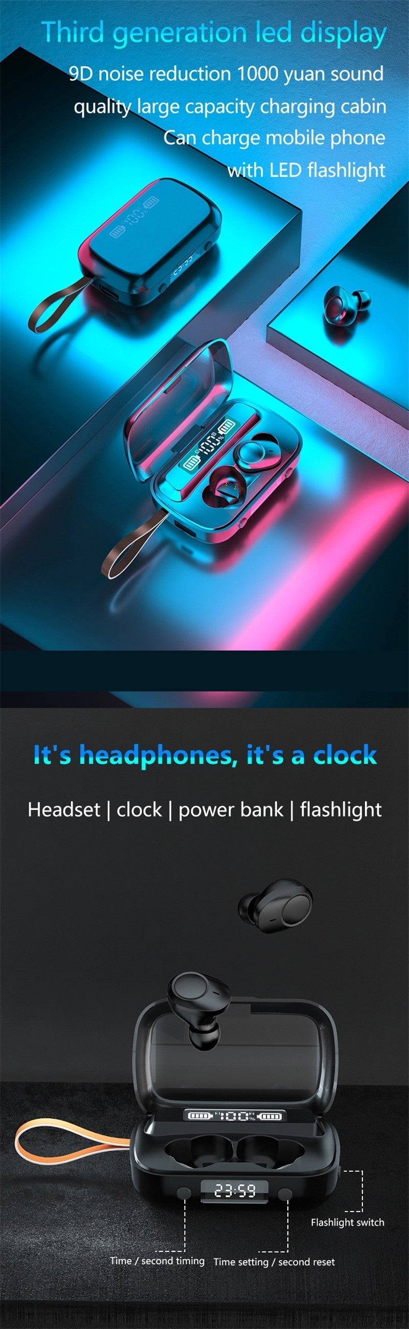 LED Stereo Touch Control Bluetooth Wireless Waterproof Earphones Earbuds Headphones With Power bank 9D & Surround Sound