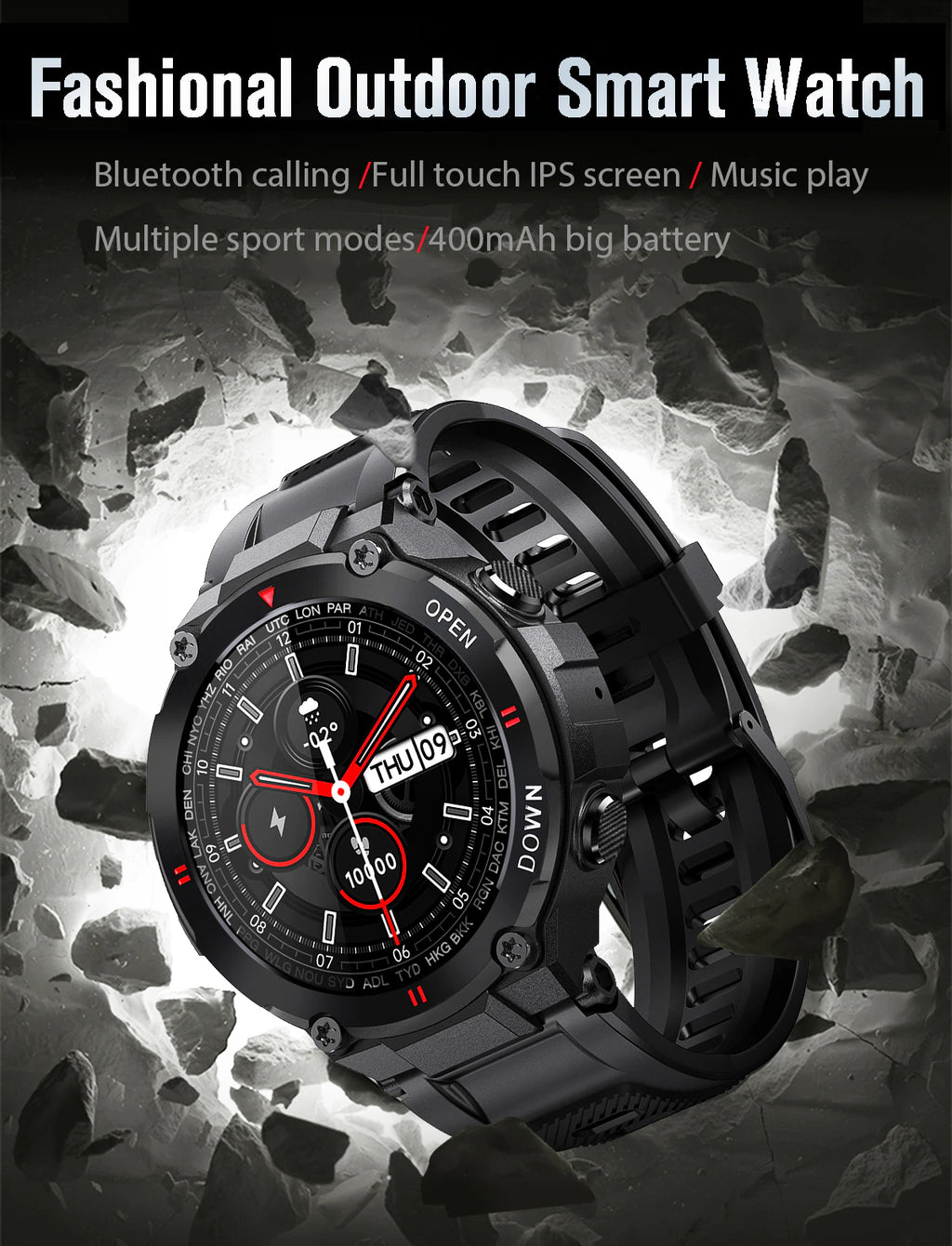 Rugged Outdoor Waterproof Bluetooth Smart Watch Fitness Activity Tracker Pedometer With Heart Rate Monitor