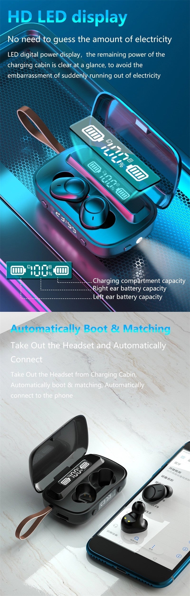 LED Stereo Touch Control Bluetooth Wireless Waterproof Earphones Earbuds Headphones With Power bank 9D & Surround Sound
