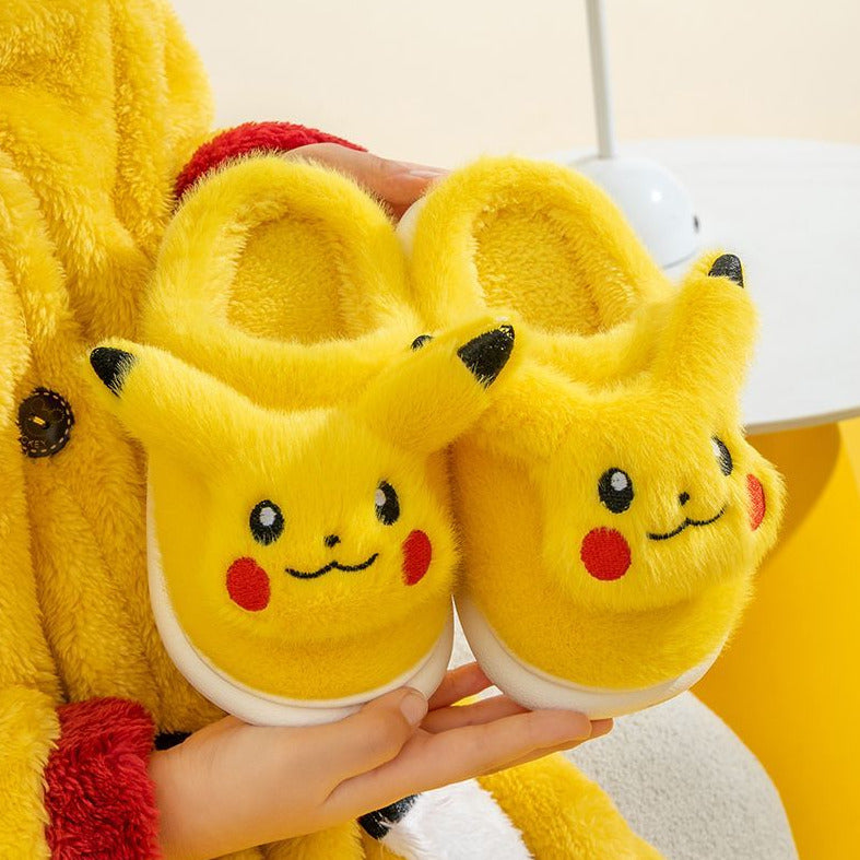 Cute Pokemon Pikachu Winter Plush Anti-Slip Slippers Shoes Creative Character Cartoon Cotton Fur Slides Indoor Warm Adults Slipper