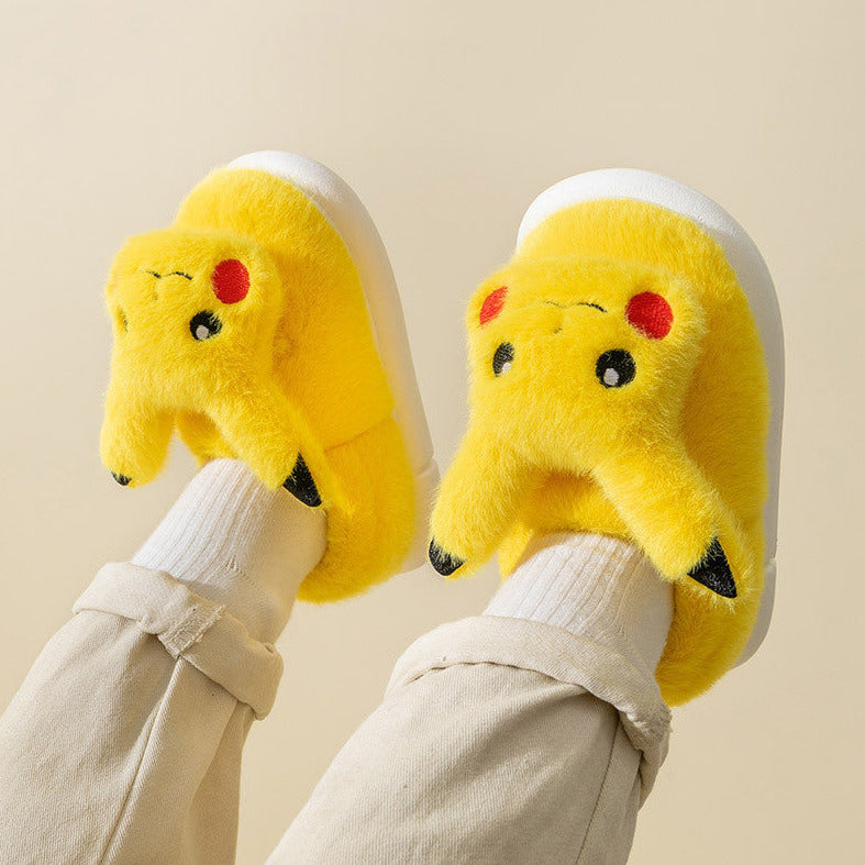 Cute Pokemon Pikachu Winter Plush Anti-Slip Slippers Shoes Creative Character Cartoon Cotton Fur Slides Indoor Warm Adults Slipper