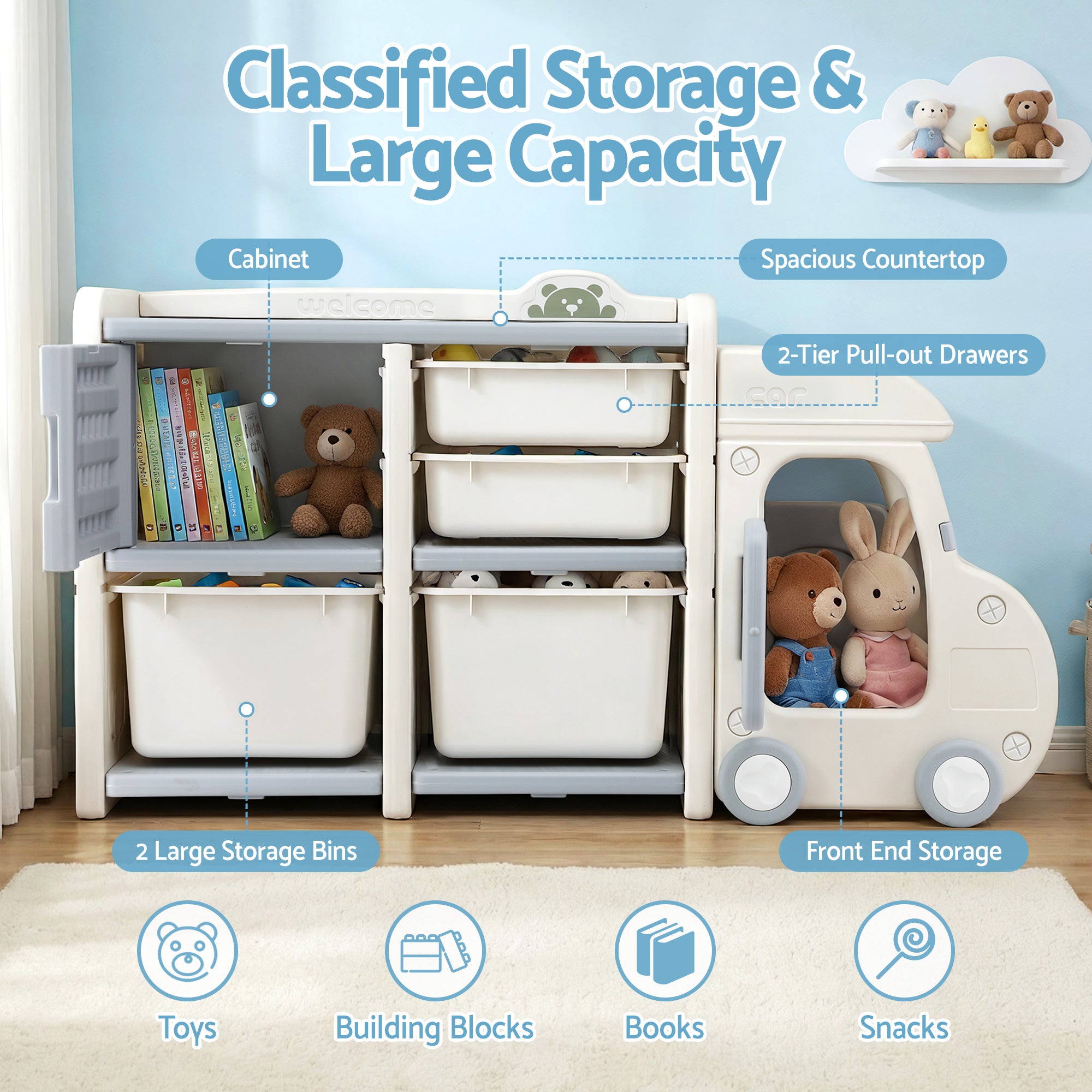 Keezi Toy Storage Organizer with 4 Storage Bins and Cabinet, Bookcase Kids Toys Box, Toy Storage for Kids Room, Playroom, Bedroom, Nursery, Car Shaped