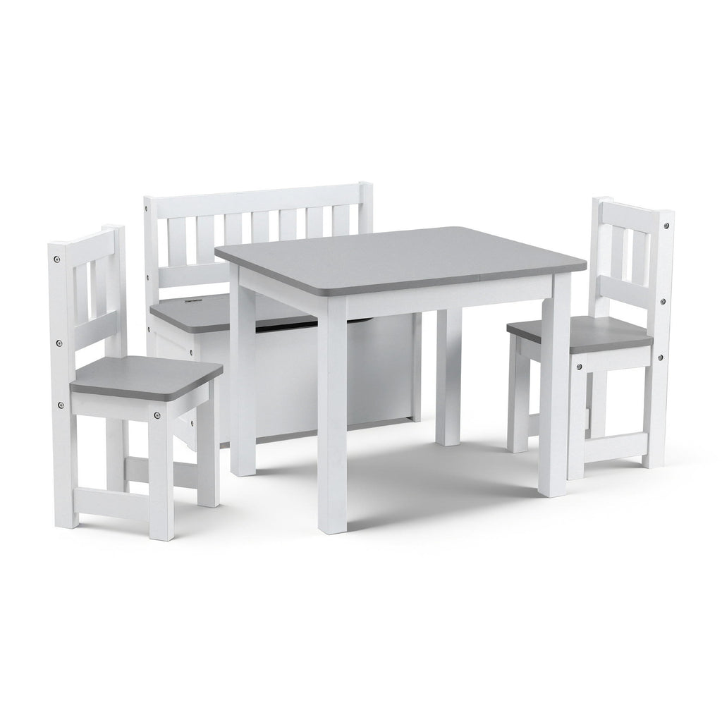 Keezi 2 in 1 Kids Table and Chair Set, Activity Table with Storage Bench and 2 Chairs for Reading, Drawing, Writing, Snack Time & Arts Crafts, 4 PCS Toddler Table and Chair Set, Grey