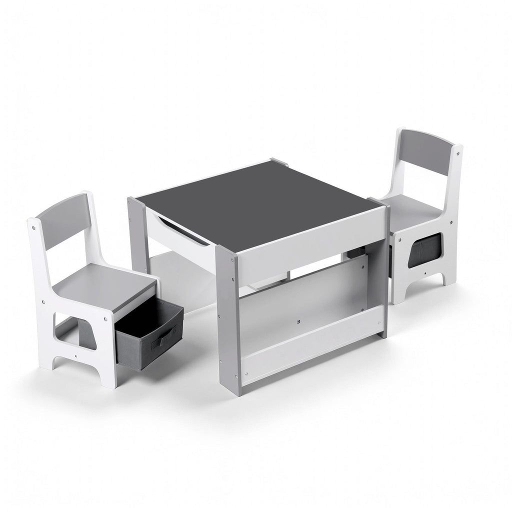 Keezi Kids Table and Chair Set, 4 in 1 Wooden Activity Table with Bookcase, Storage Box and Detachable Blackboard, Toddler Table and 2 Chairs Set, Grey