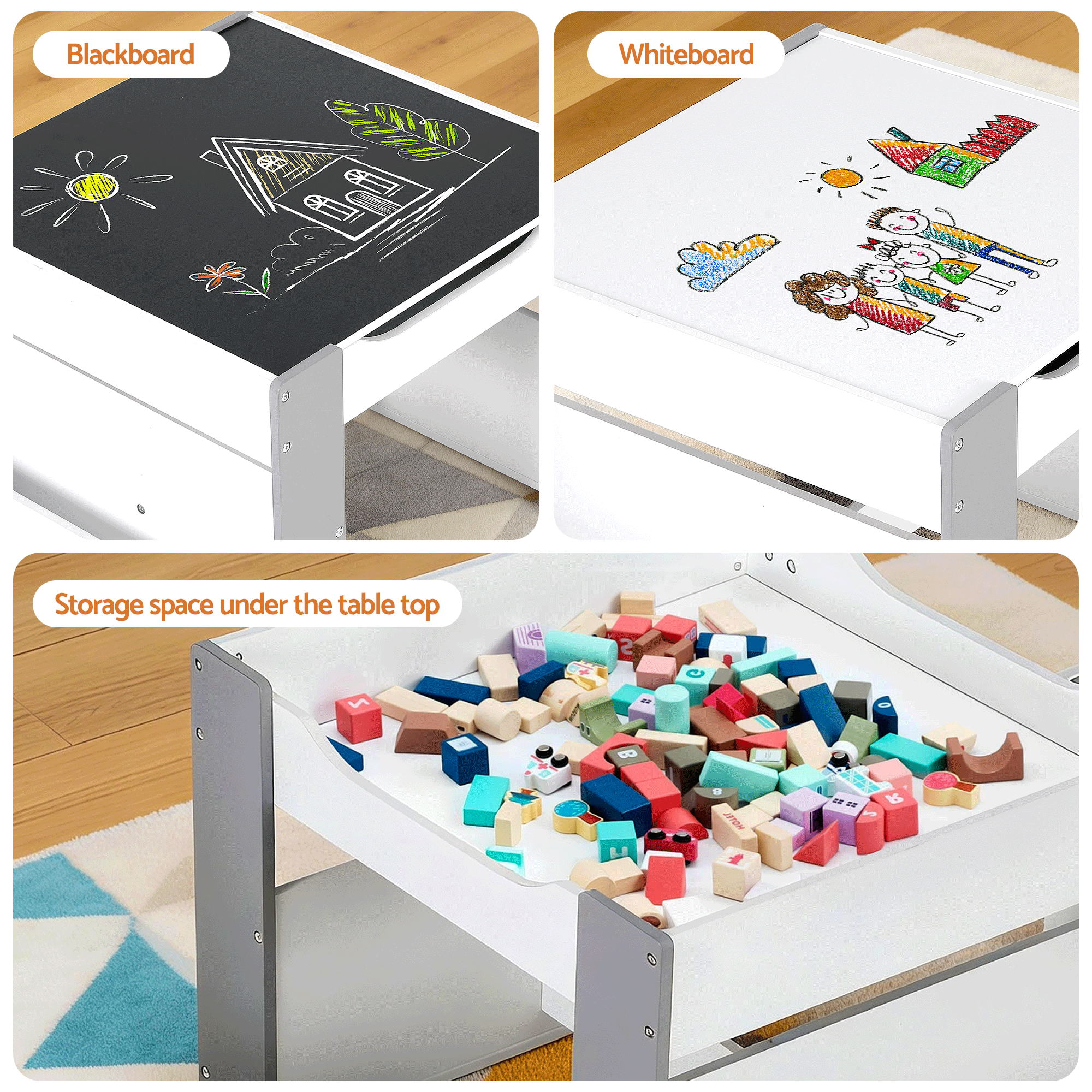Keezi Kids Table and Chair Set, 4 in 1 Wooden Activity Table with Bookcase, Storage Box and Detachable Blackboard, Toddler Table and 2 Chairs Set, Grey