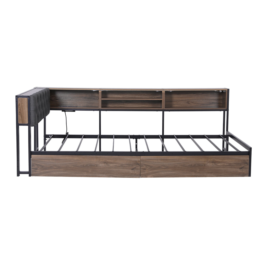 Artiss Bed Frame Single Size with 2 Drawers and Charging Station Metal Corner Bed Base