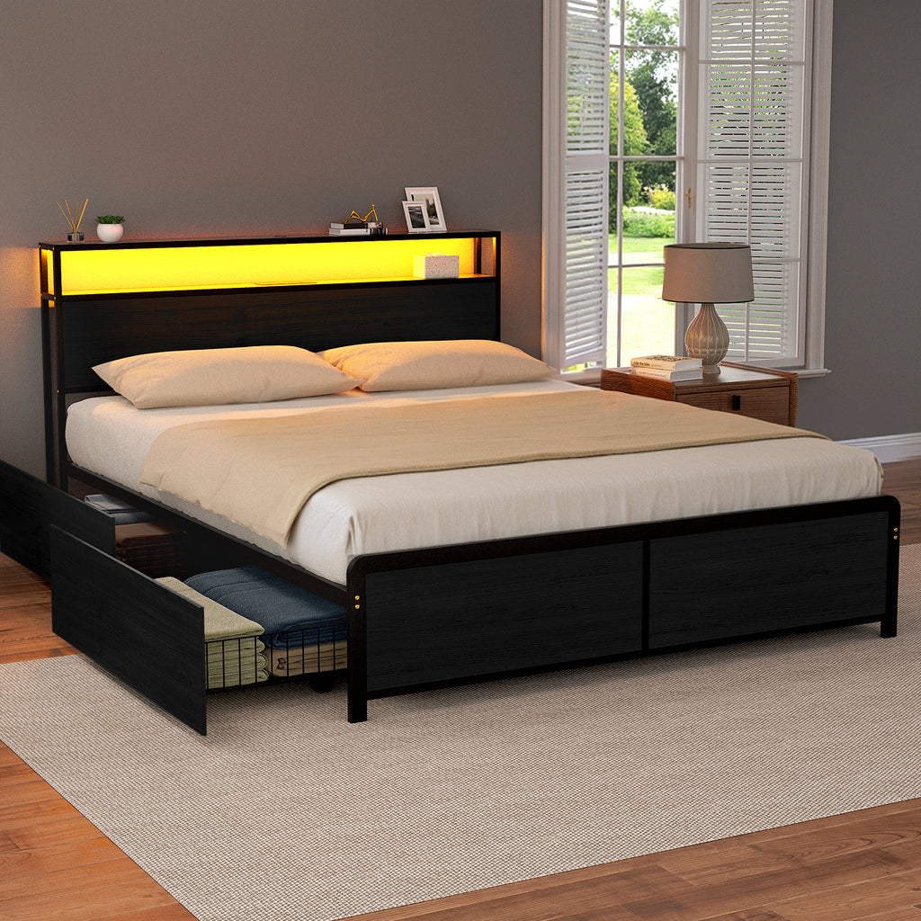 Artiss Metal Bed Frame Queen Size Storage Headboard Charge Station LED 4 Drawers