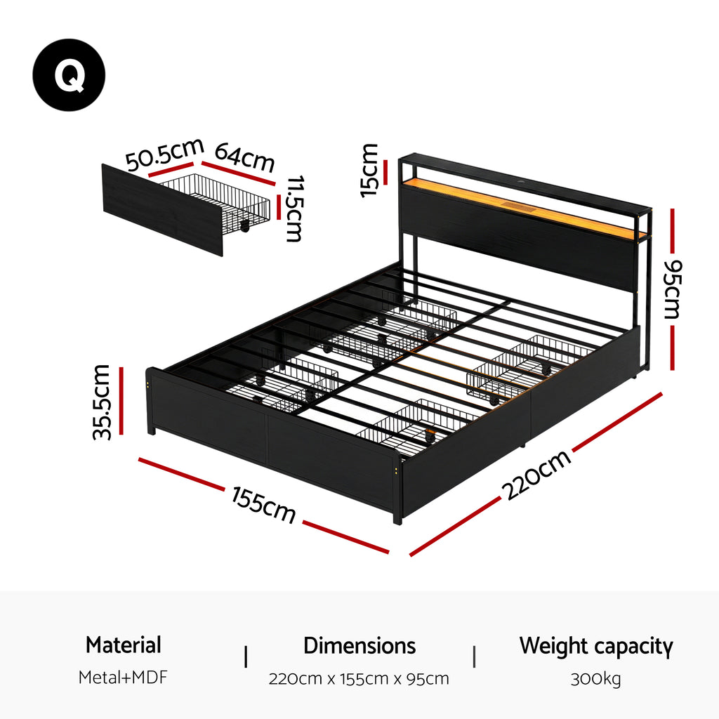 Artiss Metal Bed Frame Queen Size Storage Headboard Charge Station LED 4 Drawers