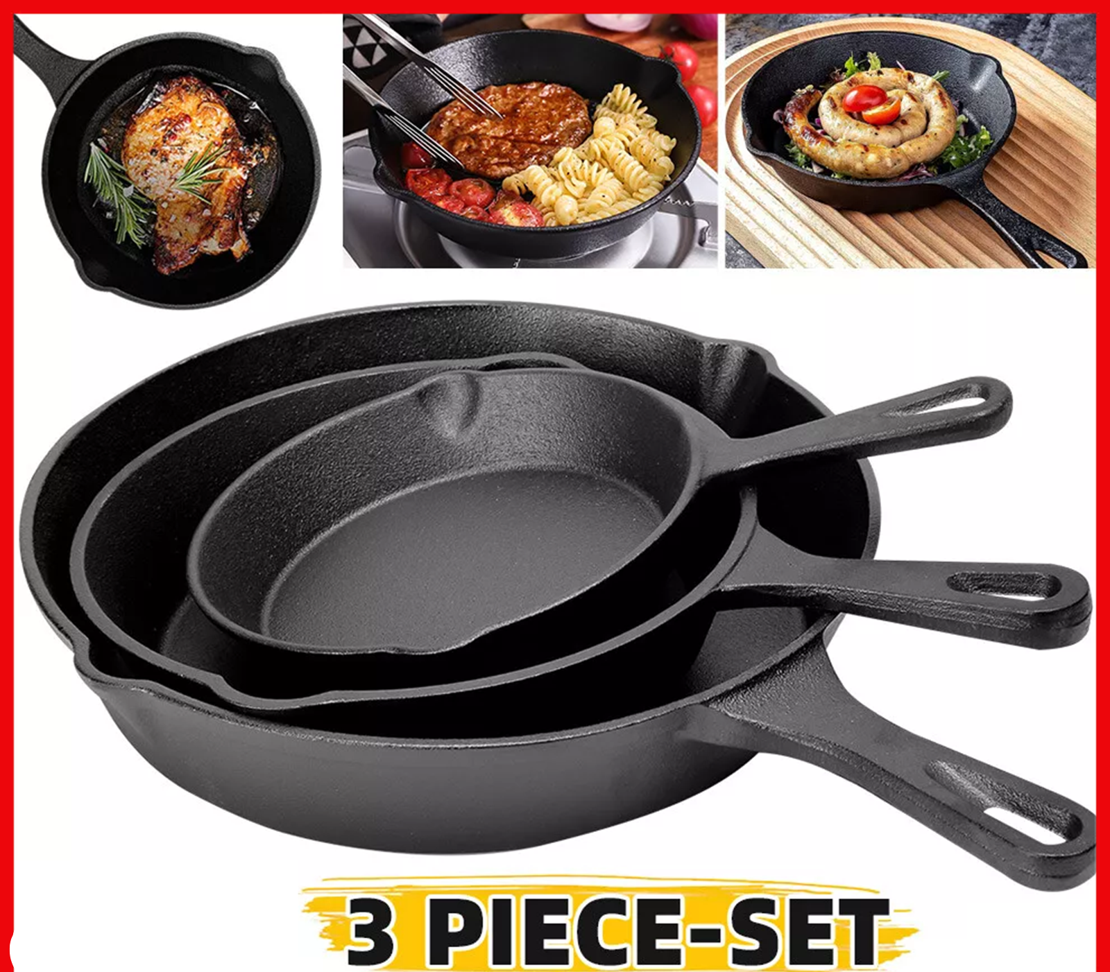 Non Stick Frying Pan Set 3-Piece Cast Iron Steak Skillet Cookware Cook Frypan