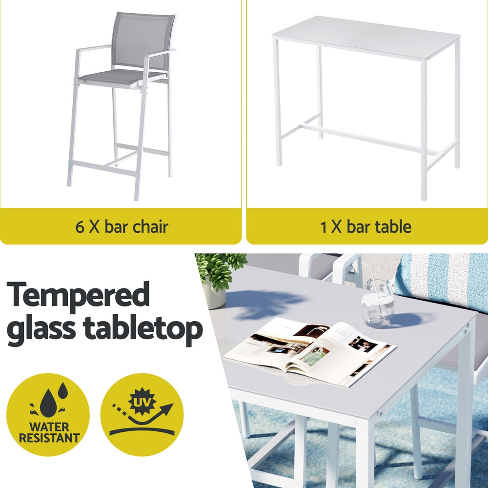 Gardeon 7PCS Outdoor Bar Set Stools Dining Chairs Table Patio Steel Bistro Set White