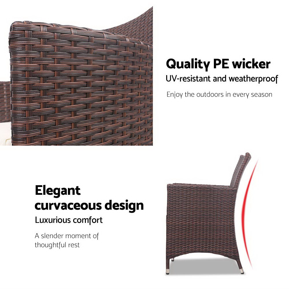 Gardeon 3PC Outdoor Bistro Set Patio Furniture Wicker Setting Chairs Table Cushion Brown