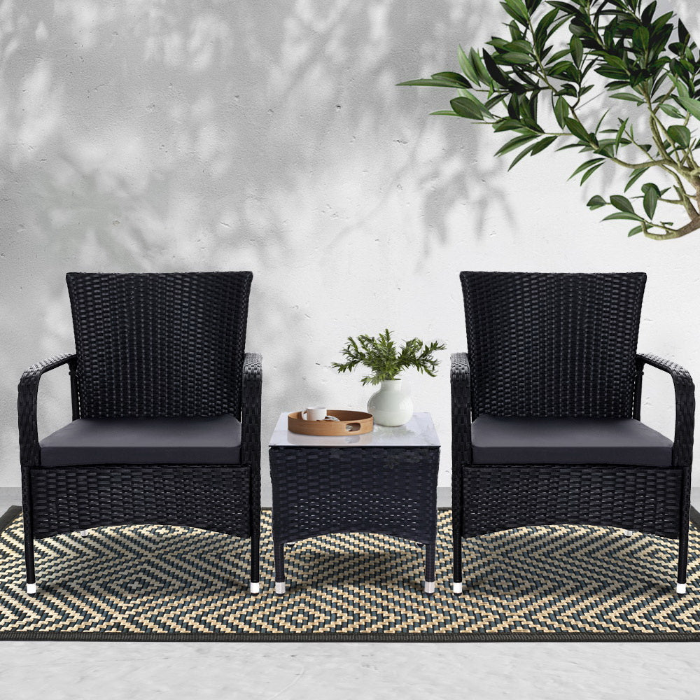 Gardeon 3PC Outdoor Bistro Set Patio Furniture Wicker Setting Chairs Table Luca