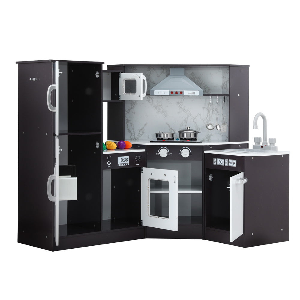 Keezi Kids Kitchen Play Set Wooden Pretend Cooking Playset w/Sounds Lights Black