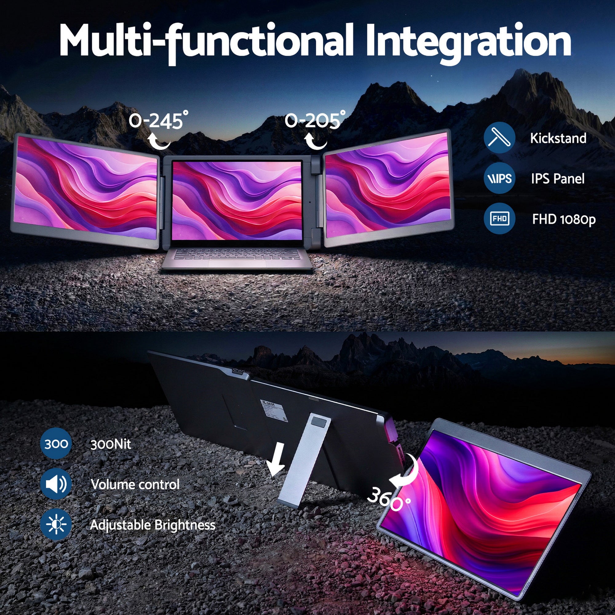 Devanti Triple Portable Monitor Laptop Screen Extender 15.6" Dual Display FHD IPS