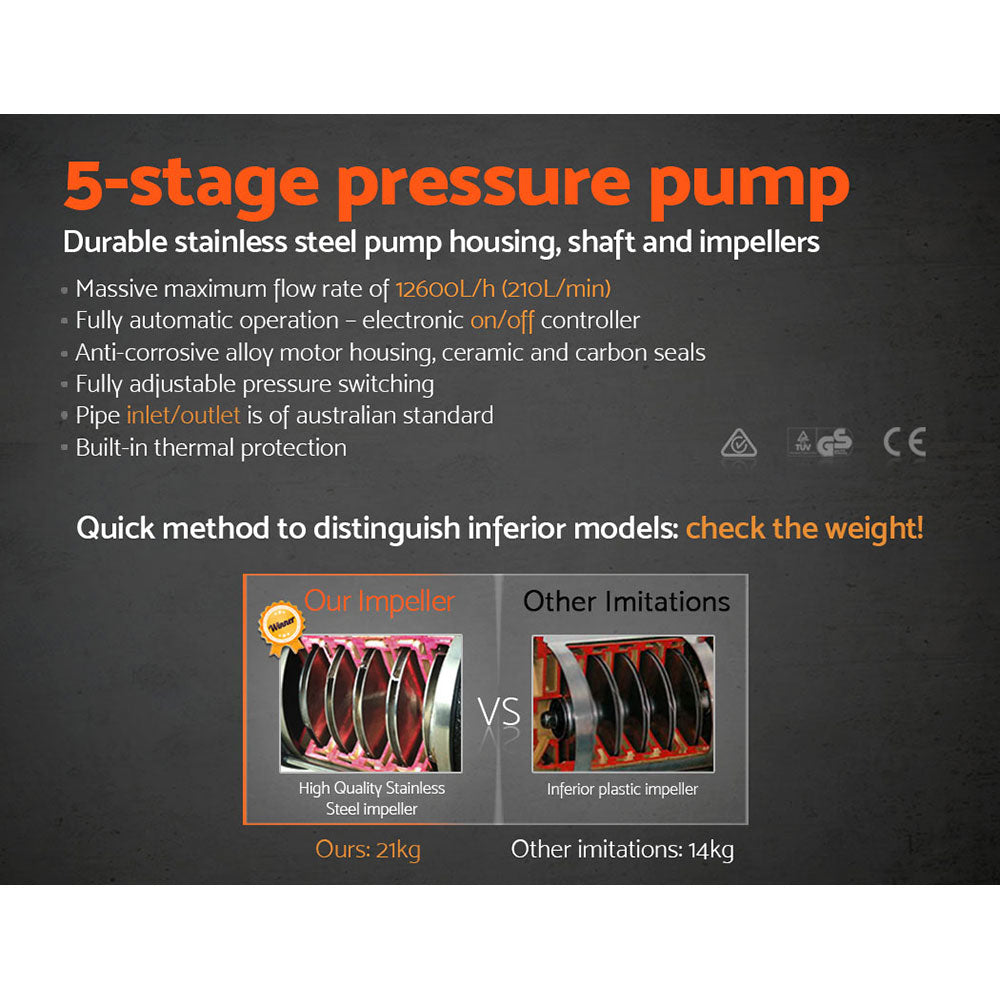 Giantz Garden Water Pump High Pressure 1800W 5-Stage Tank Irrigation Black