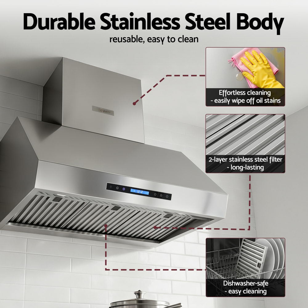 Devanti 900mm Range Hood 3-Speed Fan LED Display Remote Control