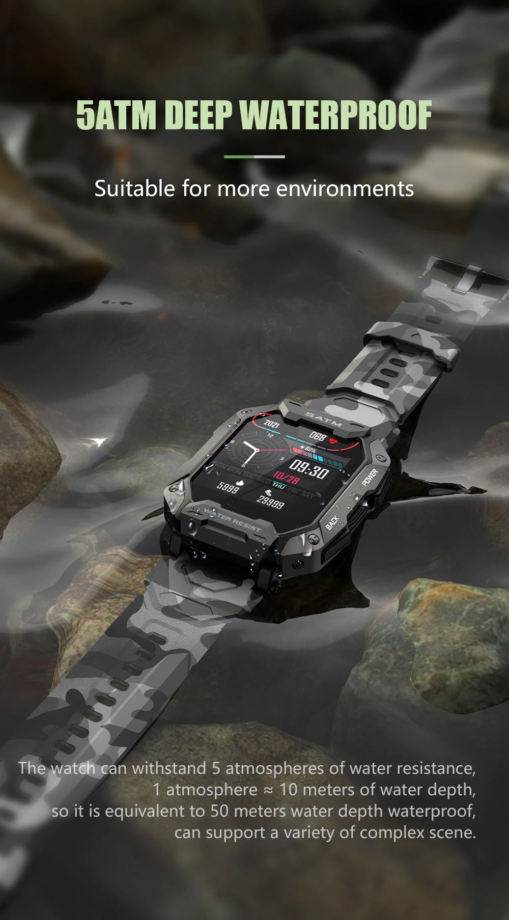 Military Rugged Dynamic Dial 5ATM Deep Waterproof Military Sports Smart Watch Fitness Activity Tracker Pedometer Heart Rate Blood Pressure Monitor