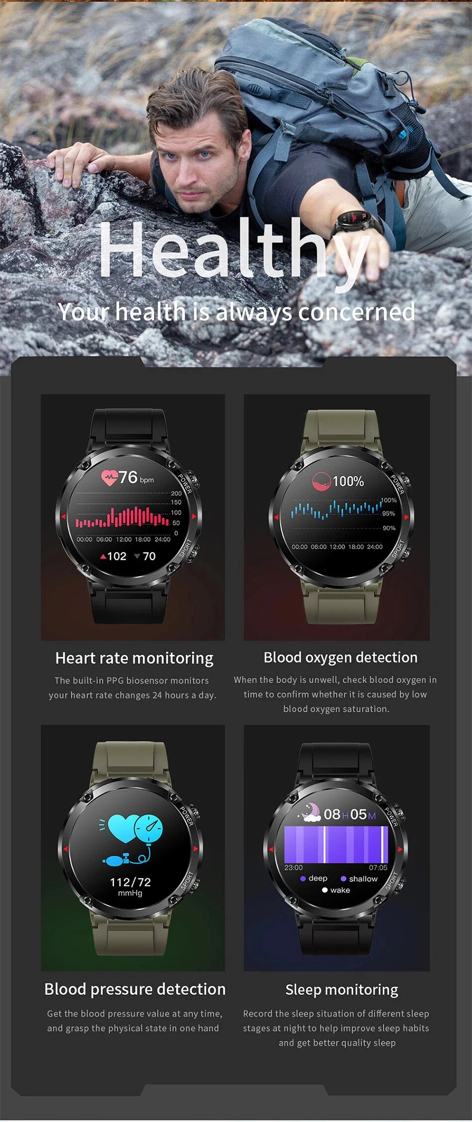 Bluetooth Smart Watch Fitness Activity Tracker Pedometer Heart Rate Blood Pressure oxygen & Sleep monitoring