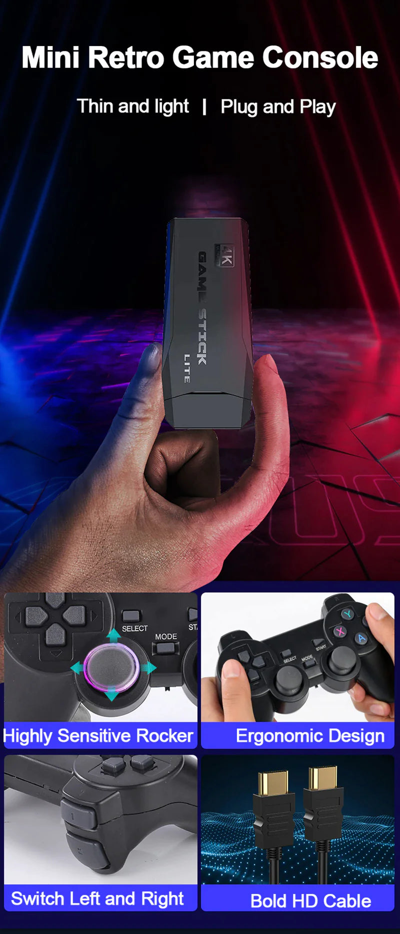 4K HDMI TV Retro Video Game Stick Game Gaming Console Pocket Arcade With 20000 Games & 2 Wireless Controller