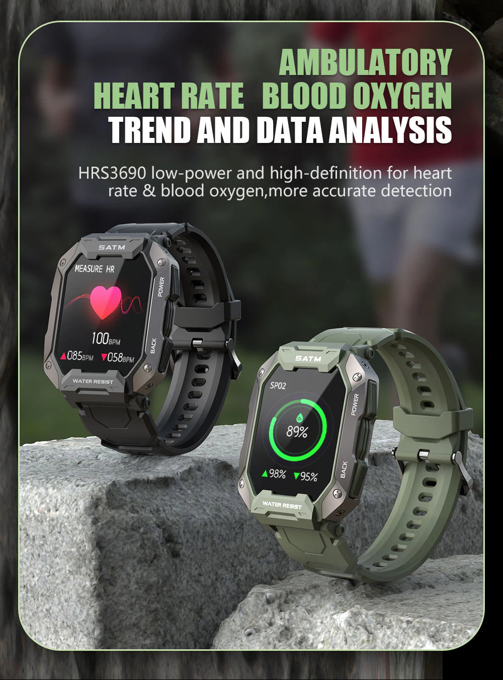 Military Rugged Dynamic Dial 5ATM Deep Waterproof Military Sports Smart Watch Fitness Activity Tracker Pedometer Heart Rate Blood Pressure Monitor