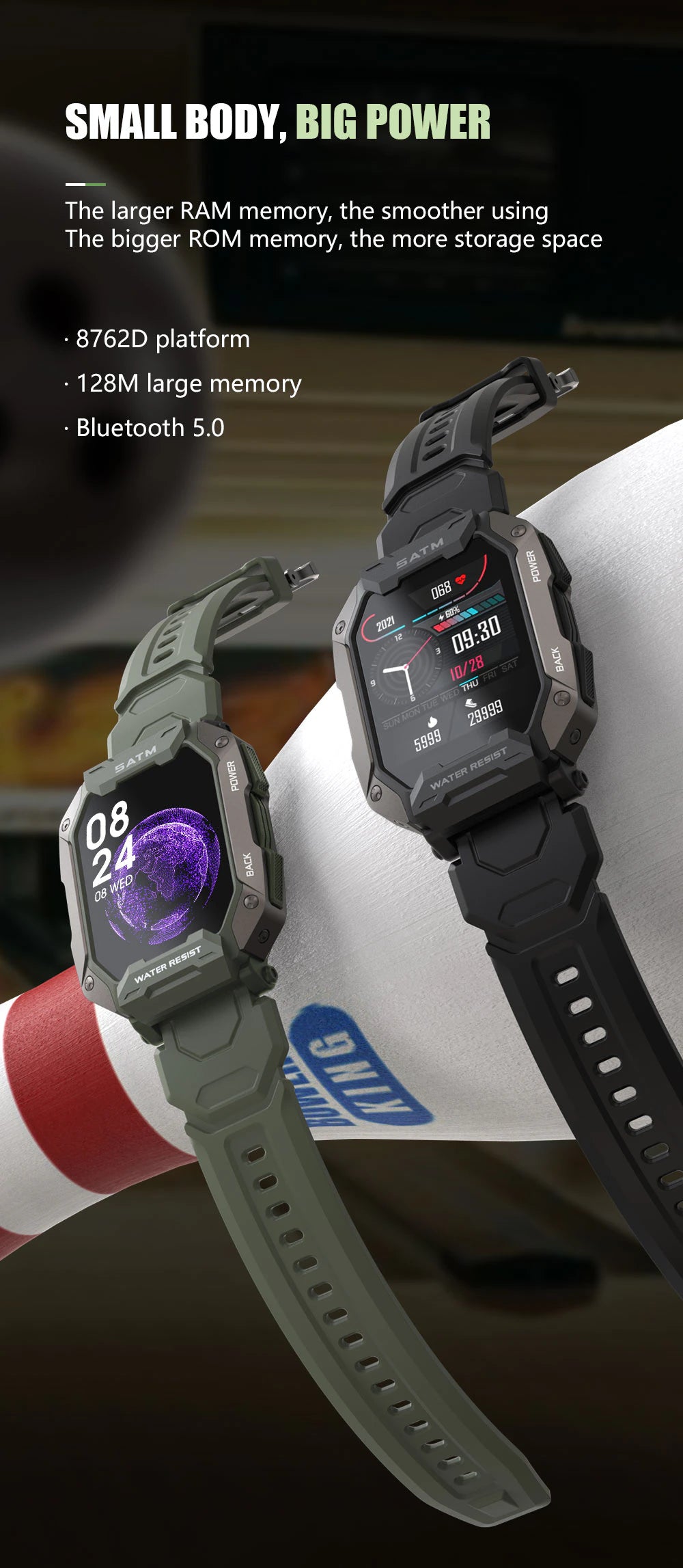 Military Rugged Dynamic Dial 5ATM Deep Waterproof Military Sports Smart Watch Fitness Activity Tracker Pedometer Heart Rate Blood Pressure Monitor
