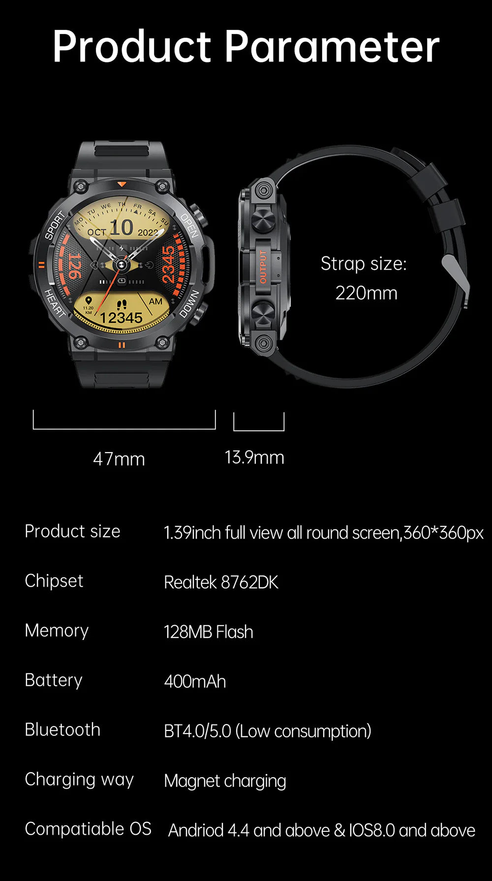 Men's Waterproof Bluetooth Smart Watch Fitness Activity Tracker Pedometer For Men & Women With Haert Rate And Blood Pressure Monitor Smartwatch