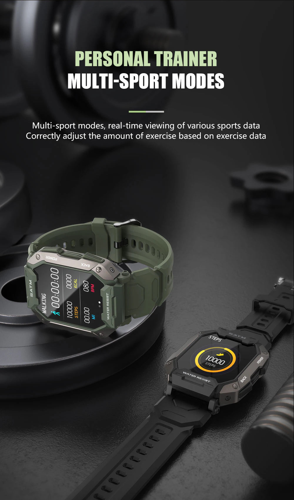 Military Rugged Dynamic Dial 5ATM Deep Waterproof Military Sports Smart Watch Fitness Activity Tracker Pedometer Heart Rate Blood Pressure Monitor