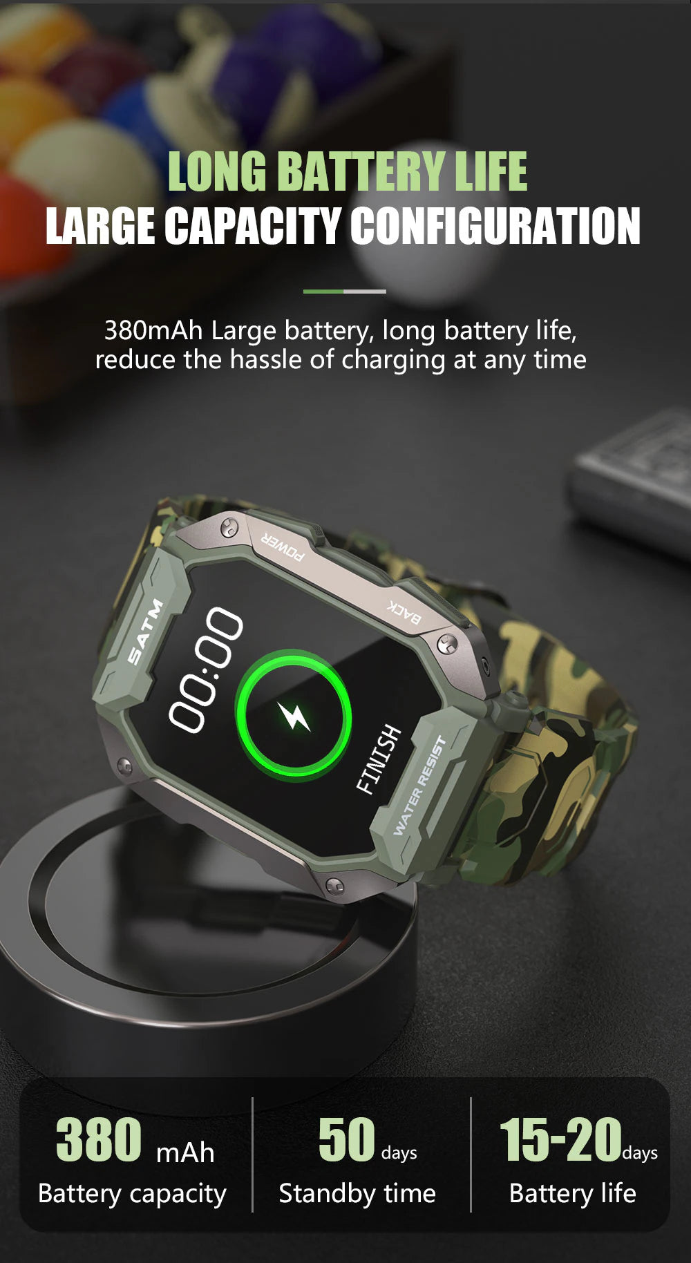 Military Rugged Dynamic Dial 5ATM Deep Waterproof Military Sports Smart Watch Fitness Activity Tracker Pedometer Heart Rate Blood Pressure Monitor