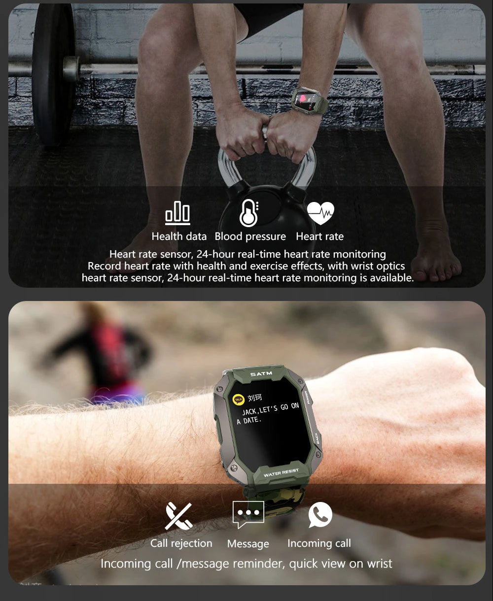 Military Rugged Dynamic Dial 5ATM Deep Waterproof Military Sports Smart Watch Fitness Activity Tracker Pedometer Heart Rate Blood Pressure Monitor