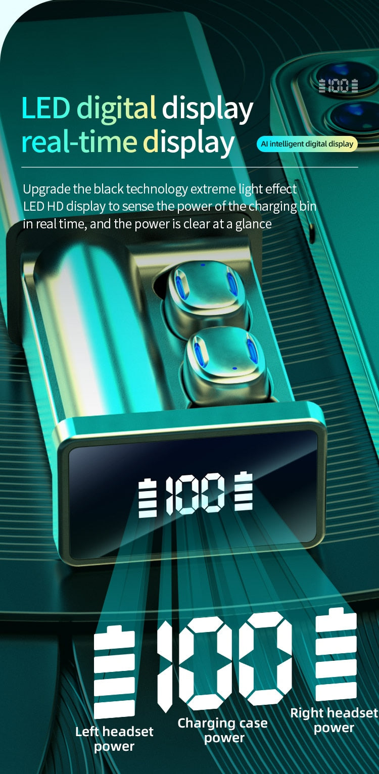 LED Stereo Bluetooth Wireless Waterproof Earphones Earbuds Headphones With Power bank 9D & Surround Sound