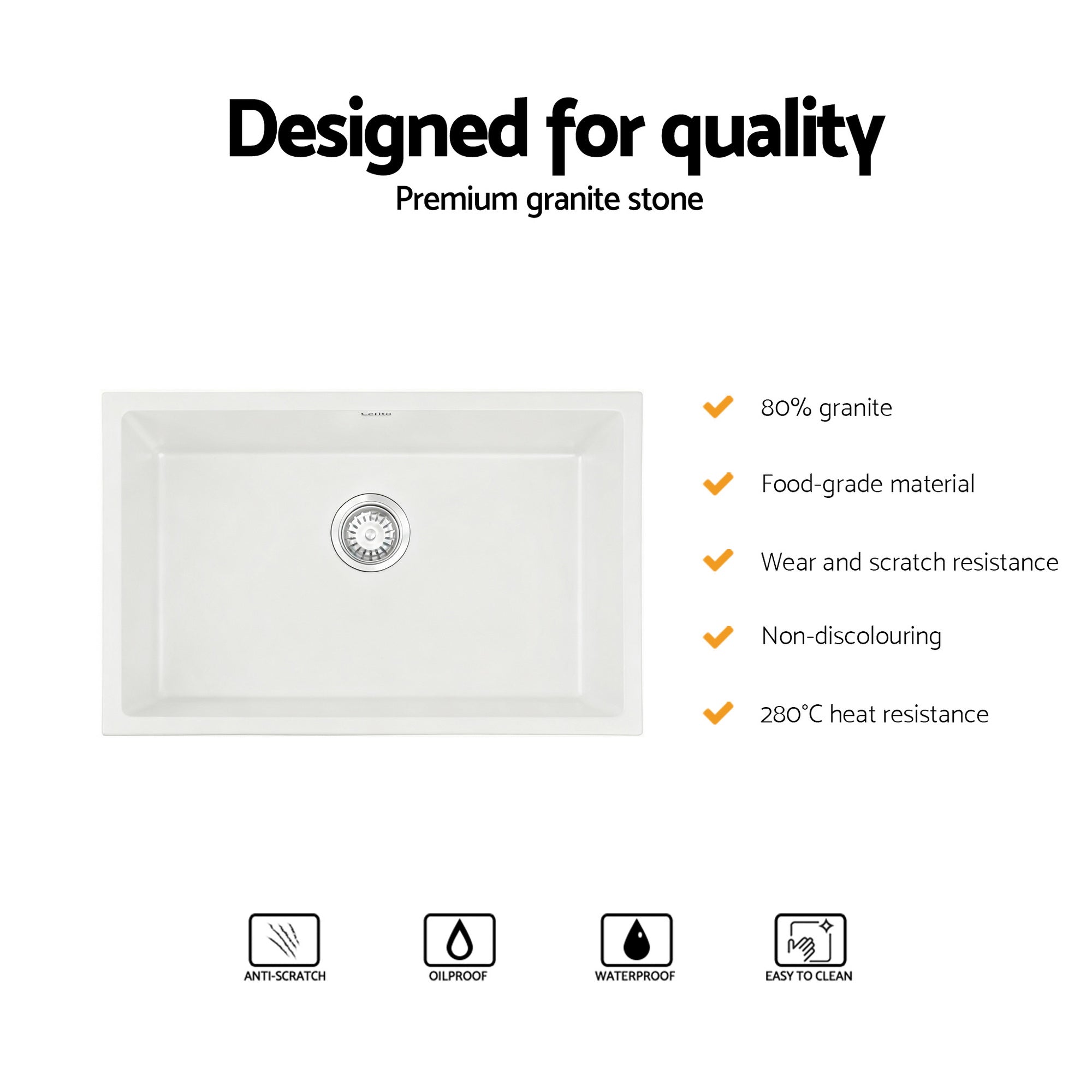 Cefito Kitchen Sink 70x45cm Granite Stone Sink Single Bowl White