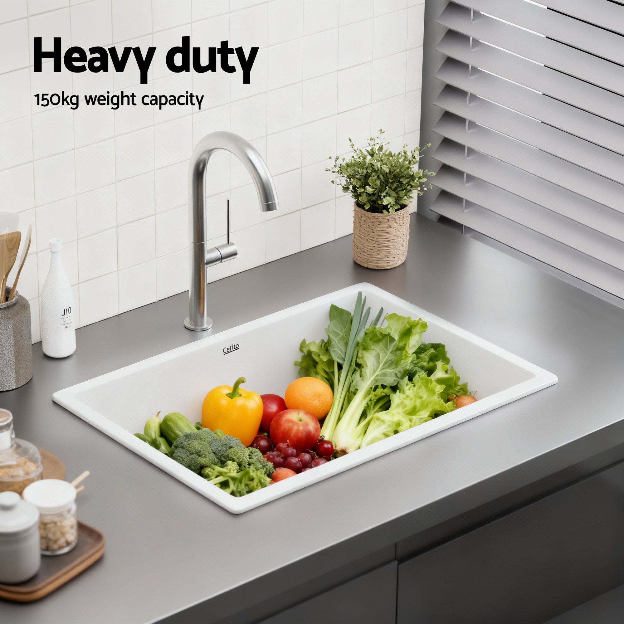 Cefito Kitchen Sink 70x45cm Granite Stone Sink Single Bowl White