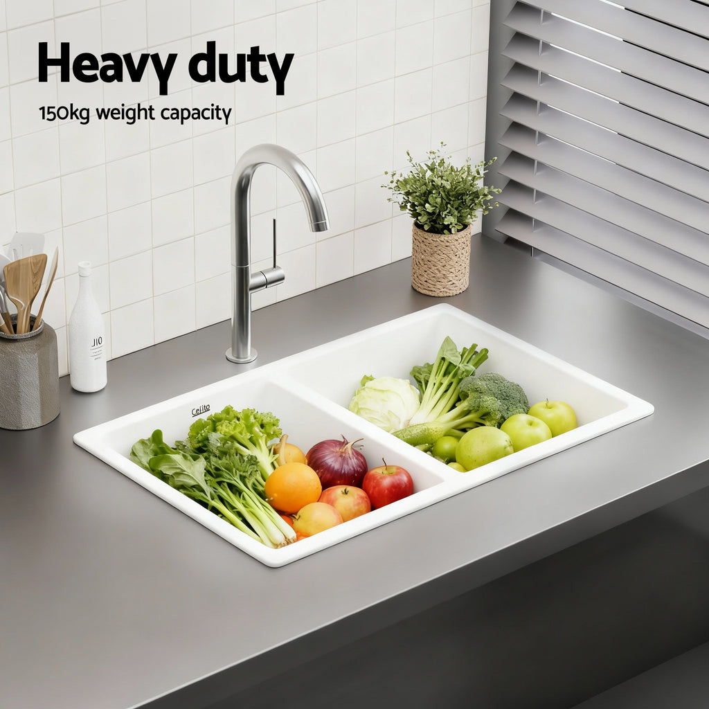 Cefito Kitchen Sink 77x45cm Granite Stone Sink Double Bowl White