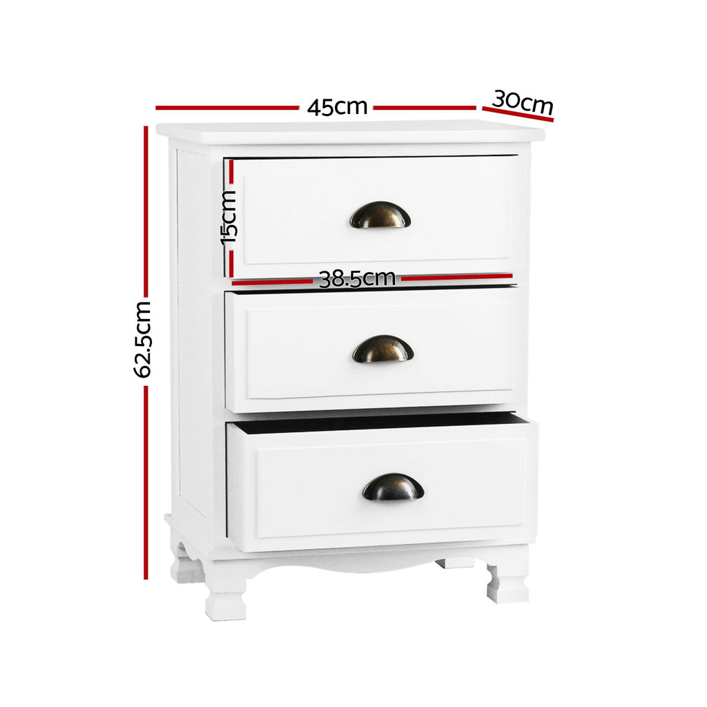 Artiss 2x Bedside Table 3 Drawers Vintage - THYME White