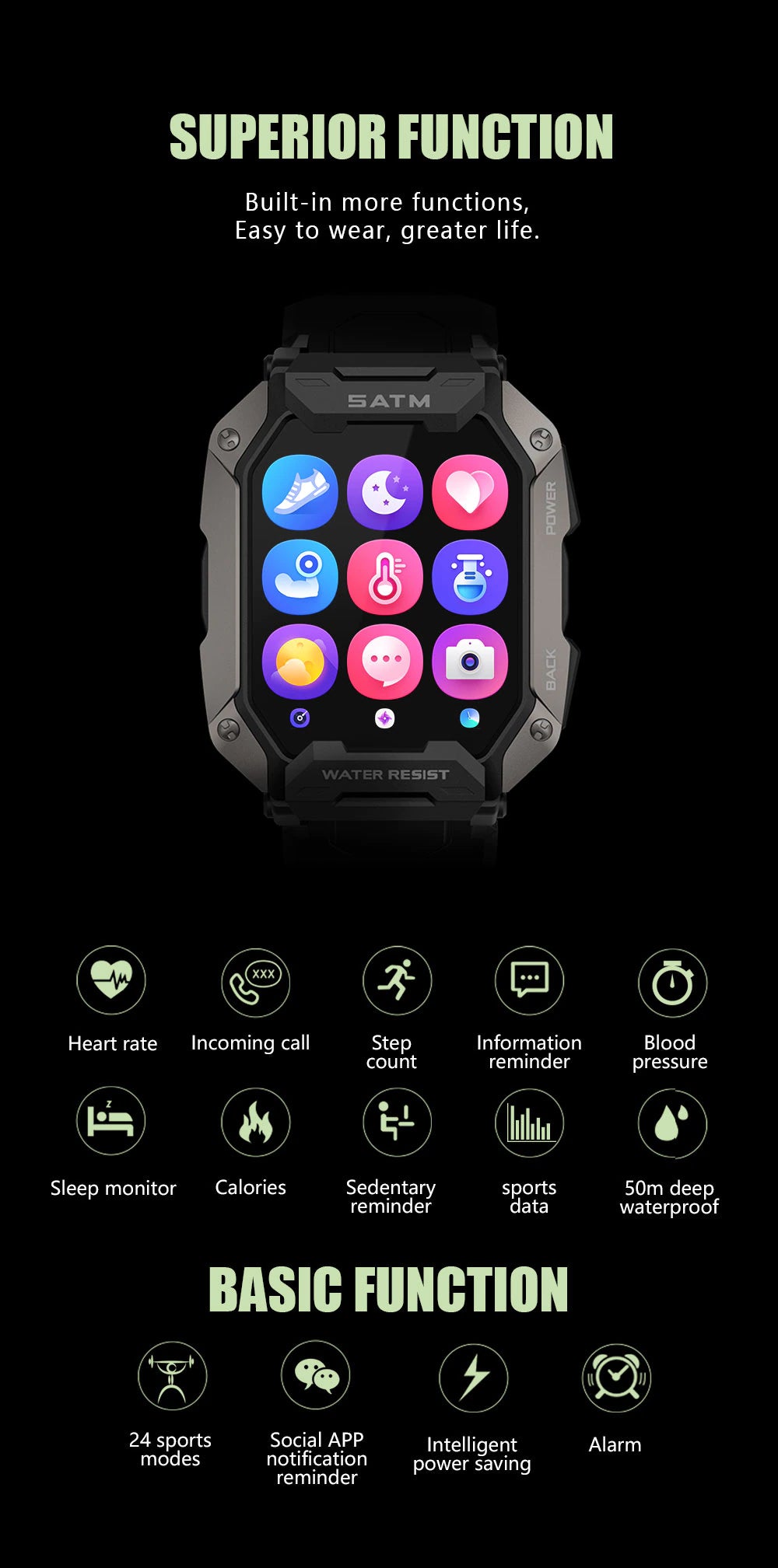 Military Rugged Dynamic Dial 5ATM Deep Waterproof Military Sports Smart Watch Fitness Activity Tracker Pedometer Heart Rate Blood Pressure Monitor