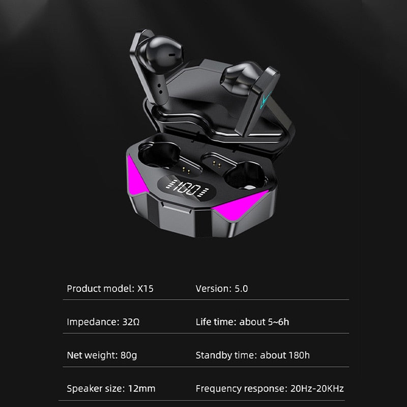 SonicStride-X15 Gaming Bluetooth Wireless Earbuds Earphones With Charging Case 9D & Surround Sound Stereo