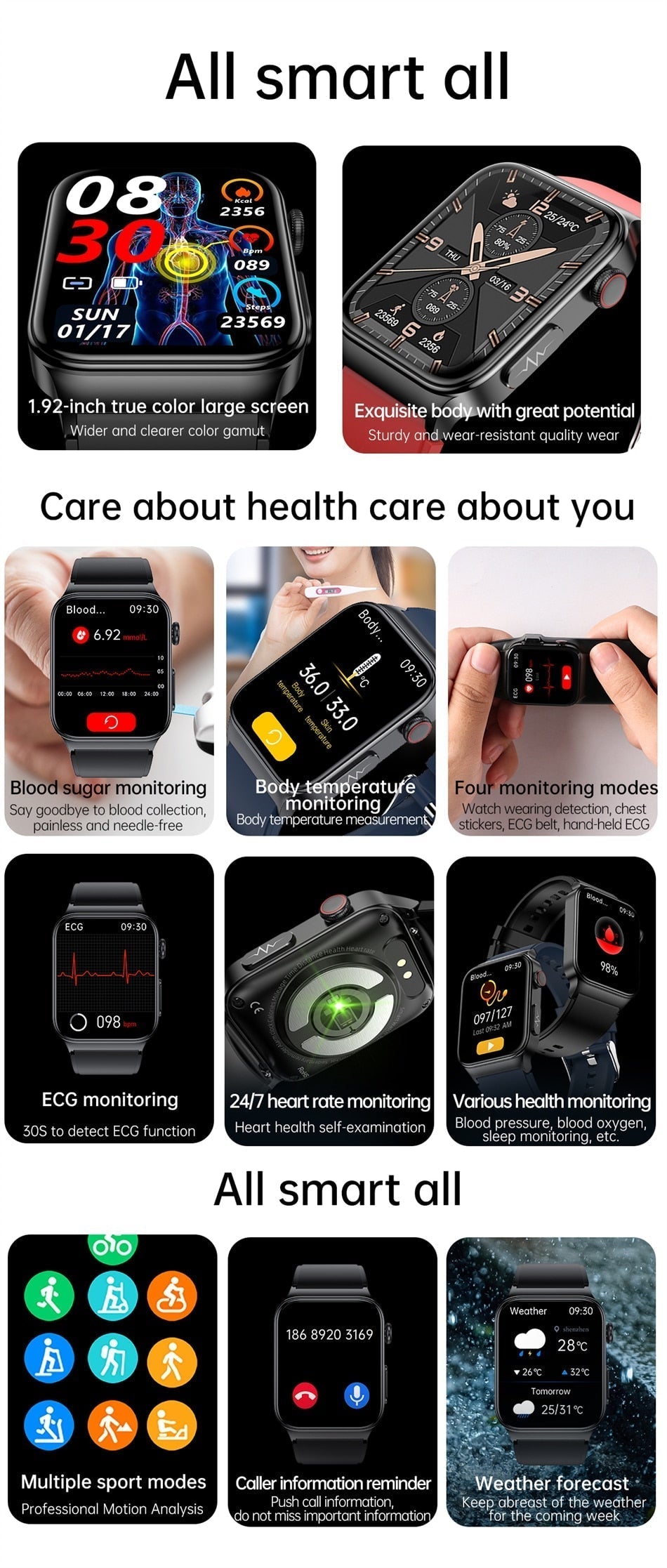 High-End ECG and Blood Sugar Monitoring Sports Smartwatch