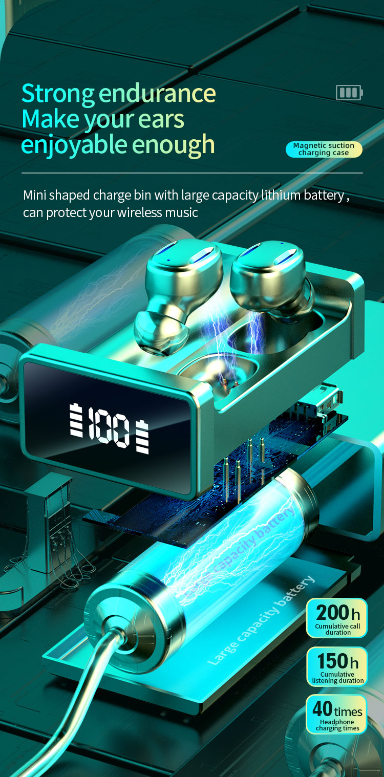 SonicStride-A22 LED Stereo Touch Control Bluetooth Wireless Waterproof Earphones Earbuds Headphones With Power bank 9D & Surround Sound