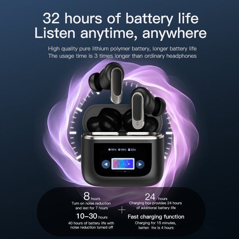 Smart ANC+ENC Earphone Bluetooth 5.3 Interactive Touch Control Color LCD Screen Headphones True Wireless Earbuds With TWS Active Noise Cancellation IPX5 Waterproof Headsets