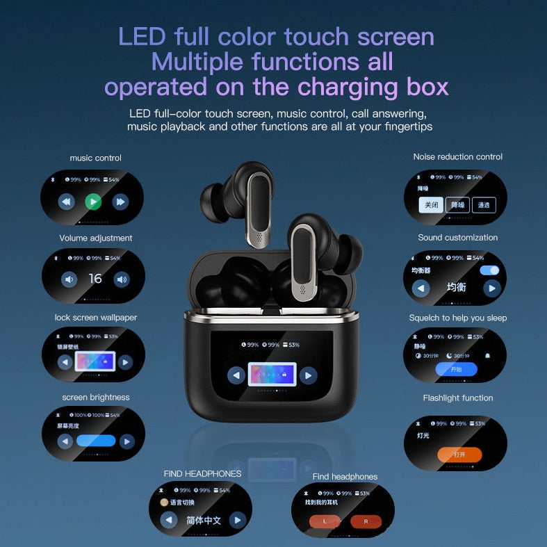 Smart ANC+ENC Earphone Bluetooth 5.3 Interactive Touch Control Color LCD Screen Headphones True Wireless Earbuds With TWS Active Noise Cancellation IPX5 Waterproof Headsets