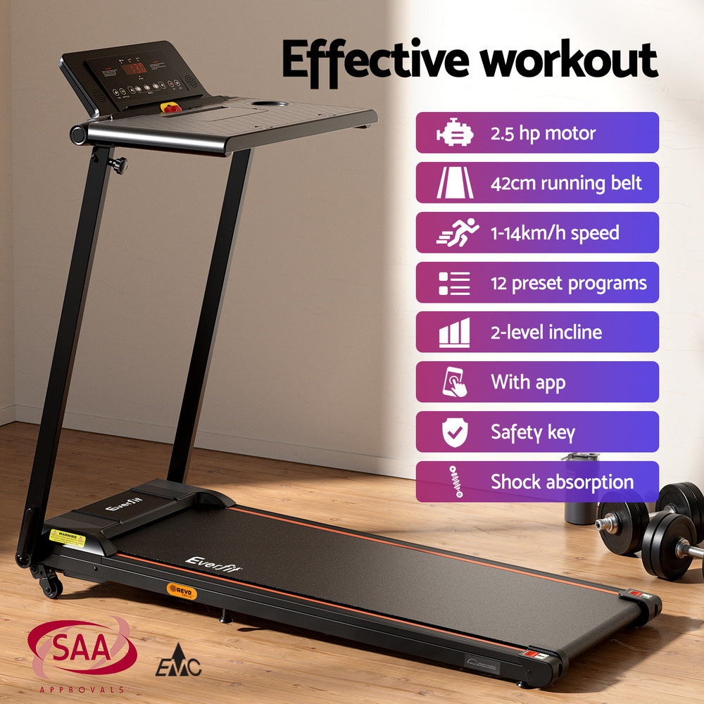 Everfit Treadmill Electric Walking Pad Foldable Incline for Home Office Gym Black