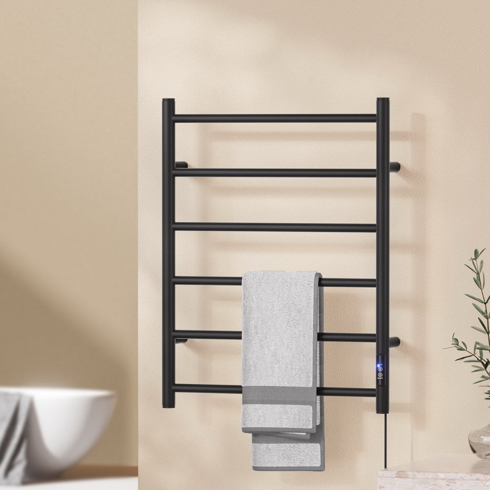 Devanti Heated Towel Rail 6 Round Bars  with Timer Electric Heater Warmer Rack