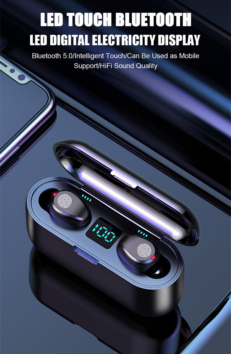 EchoSpheres-F9-8 LED Display Touch Control Bluetooth Wireless Earphones Earbuds With Charging Case 9D & Surround Sound