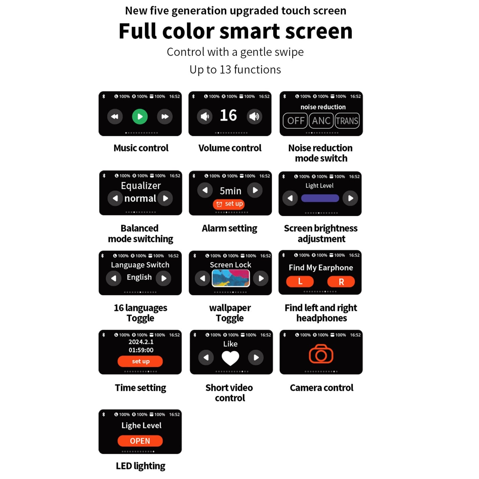 Smart ANC Earphone Touch Control Interactive LCD Screen Bluetooth 5.4 Headphones Wireless Earbuds With Active Noise Cancellation Waterproof Headsets