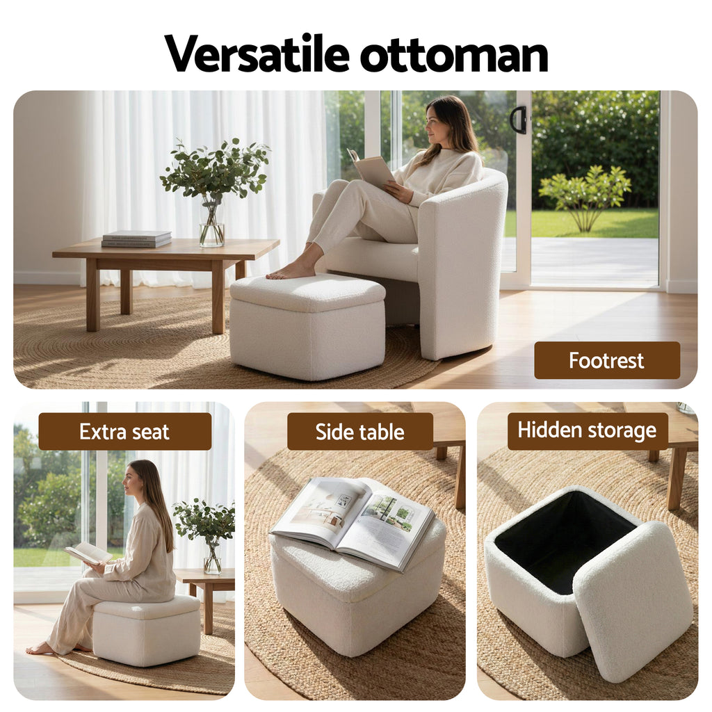 Artiss Armchair Accent Chair w/Ottoman Lounge Footrest Storage Boucle White