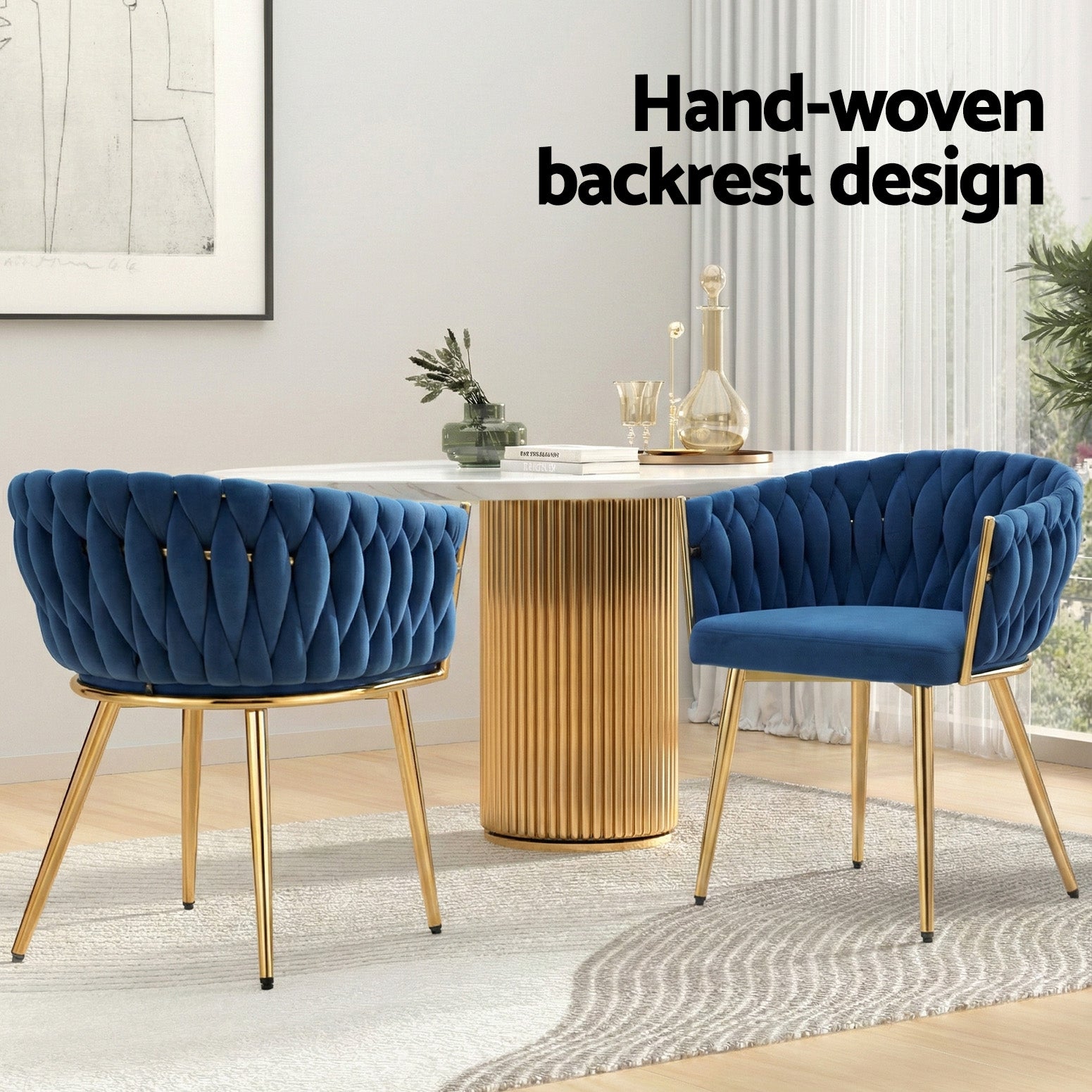 1 Set of 4 Artiss Dining Chairs Velvet Weaving Armchair Blue