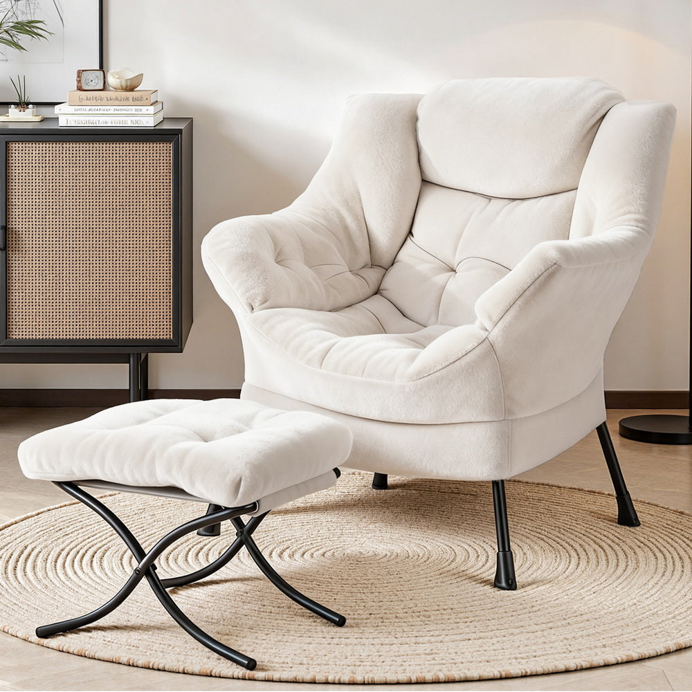 Artiss Armchair Accent Chair Ottoman Lounge Footrest Velvet White